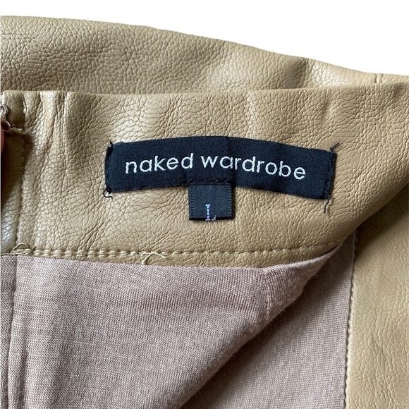 Naked Wardrobe Women’s Size Large Scoop Bottom Tan Faux Leather Mini Skirt - Picture 3 of 6